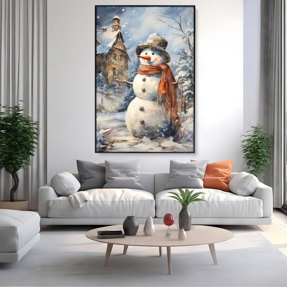 Tablou canvas cu tablou canvas cu om de zapada, in rama de aluminiu negru, pe perete intr-un living